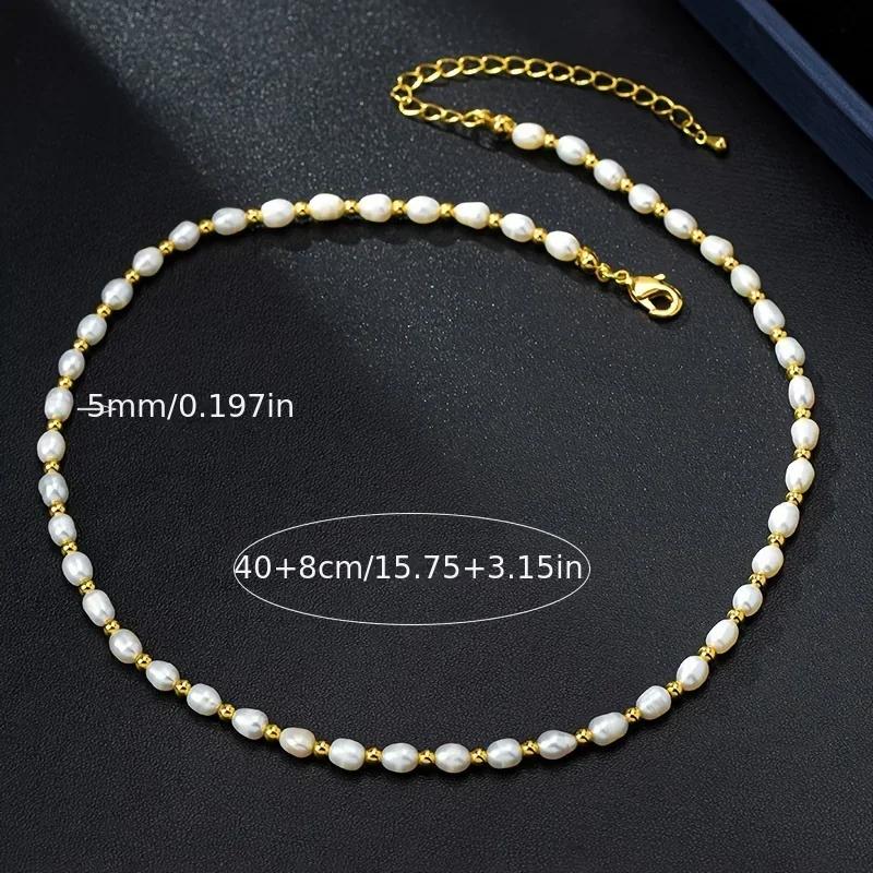 HENGSHENG 6-7mm Rice Shape Freshwater Pearl Necklaces for Women 14K Gold Plated 40+5cm Adjustable Pearl Necklaces Jewelry Gifts