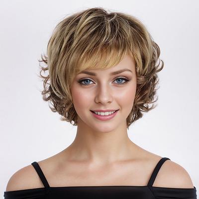 Synthetische Kurze Bob Perücke für Frauen Blonde Highlight Perücke Natürliche Lockige Haarperücke mit Pony Täglich Cosplay Halloween