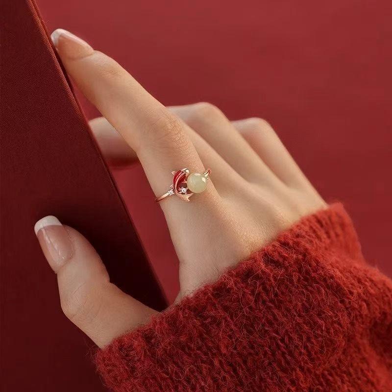 Jade See Koi Ring Women's Light Luxury Niche Premium Sense New Chinese Vegetarian Ring Index Finger Ring Franc Process Plating