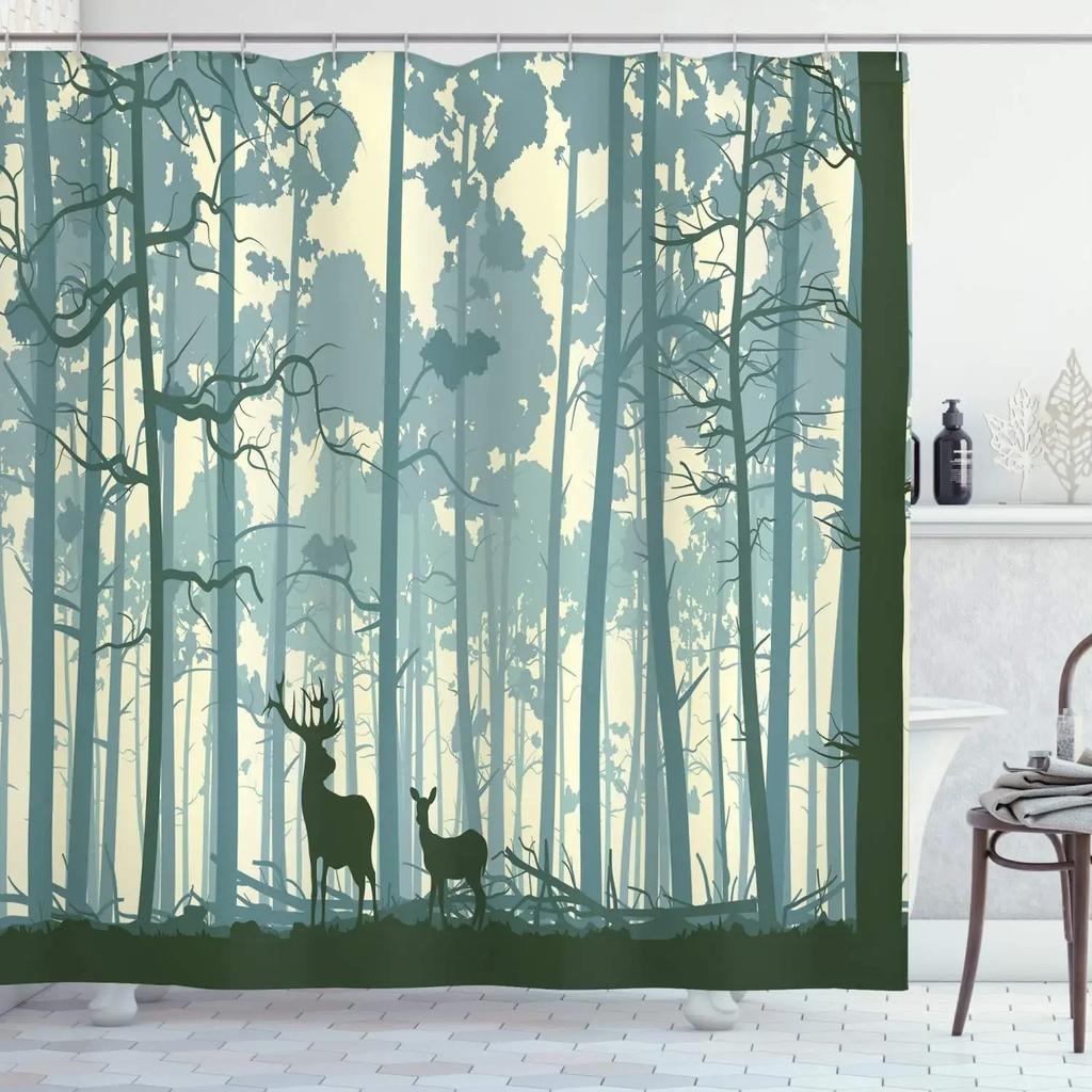Cortina de ducha de ciervo Silueta de animal colorida Elementos navideños Tablones de madera Tema Tela Tejido Juego de decoración de baño con ganchos