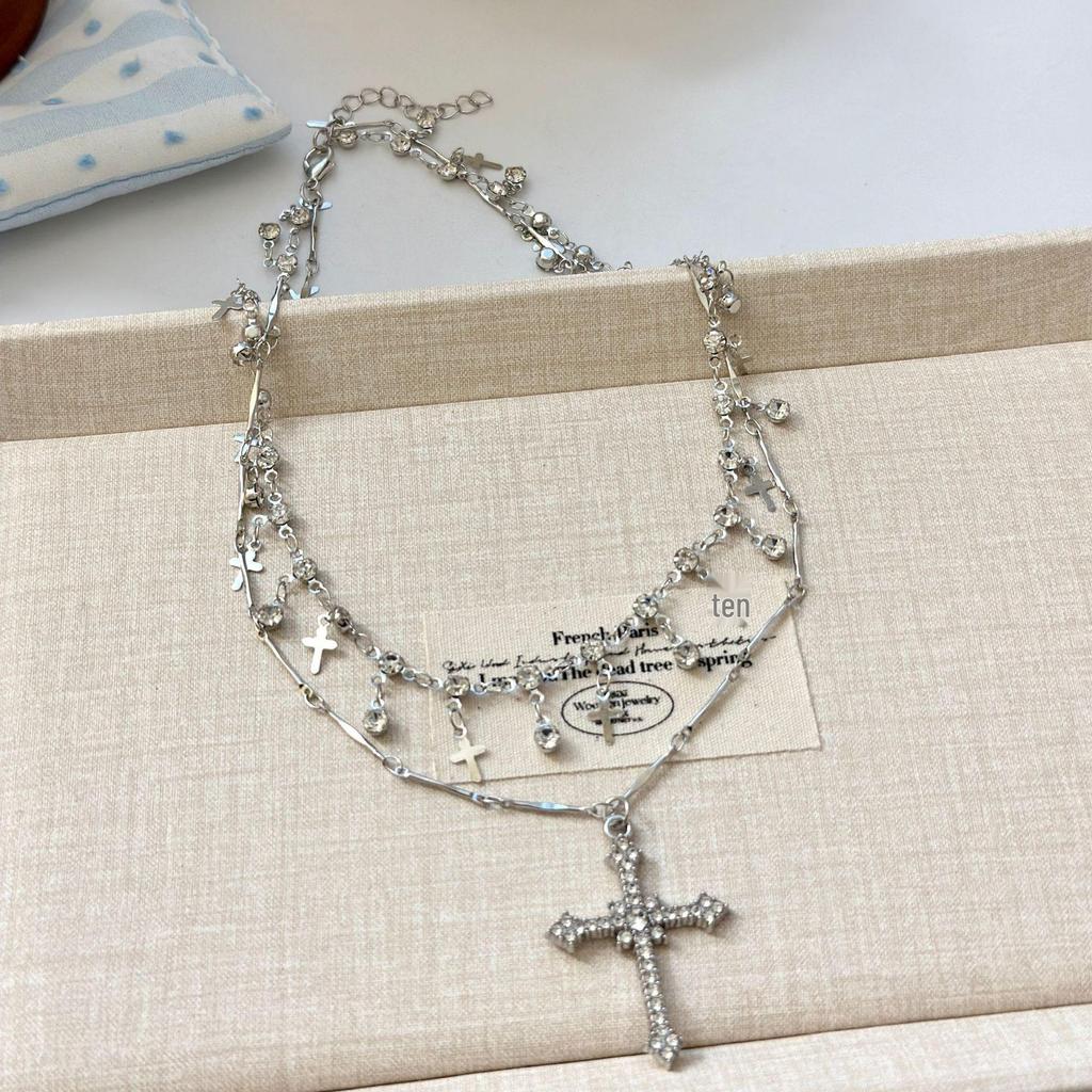 Elegant Diamond Cross Pendant Necklace - Trendy Multi-Layered Clavicle Chain for Women