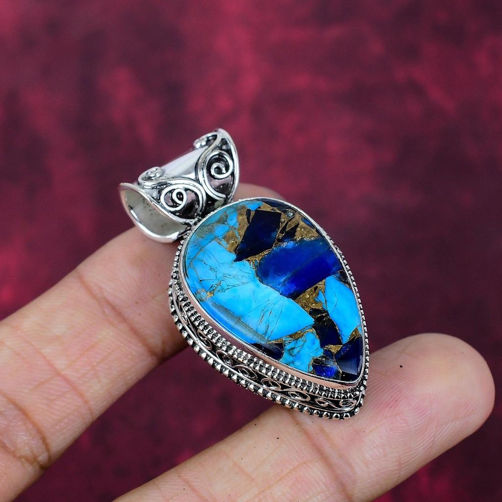 Copper Lapis Turquoise Handmade Gemstone Pendant, 925 Solid Sterling Silver Pendant Antique Jewelry, Love Forever Gift