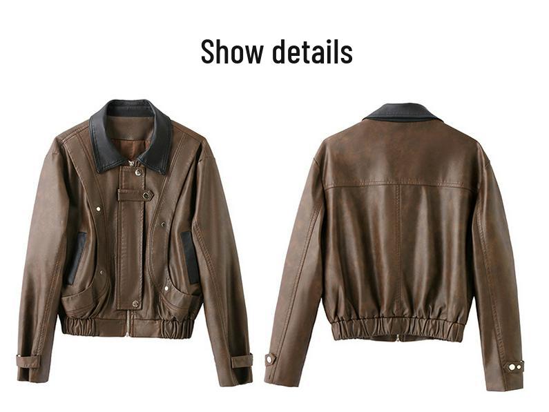 Autumn 2024 Women's Casual Turn-Down Collar Leather Jacket - Slim Fit XG9926