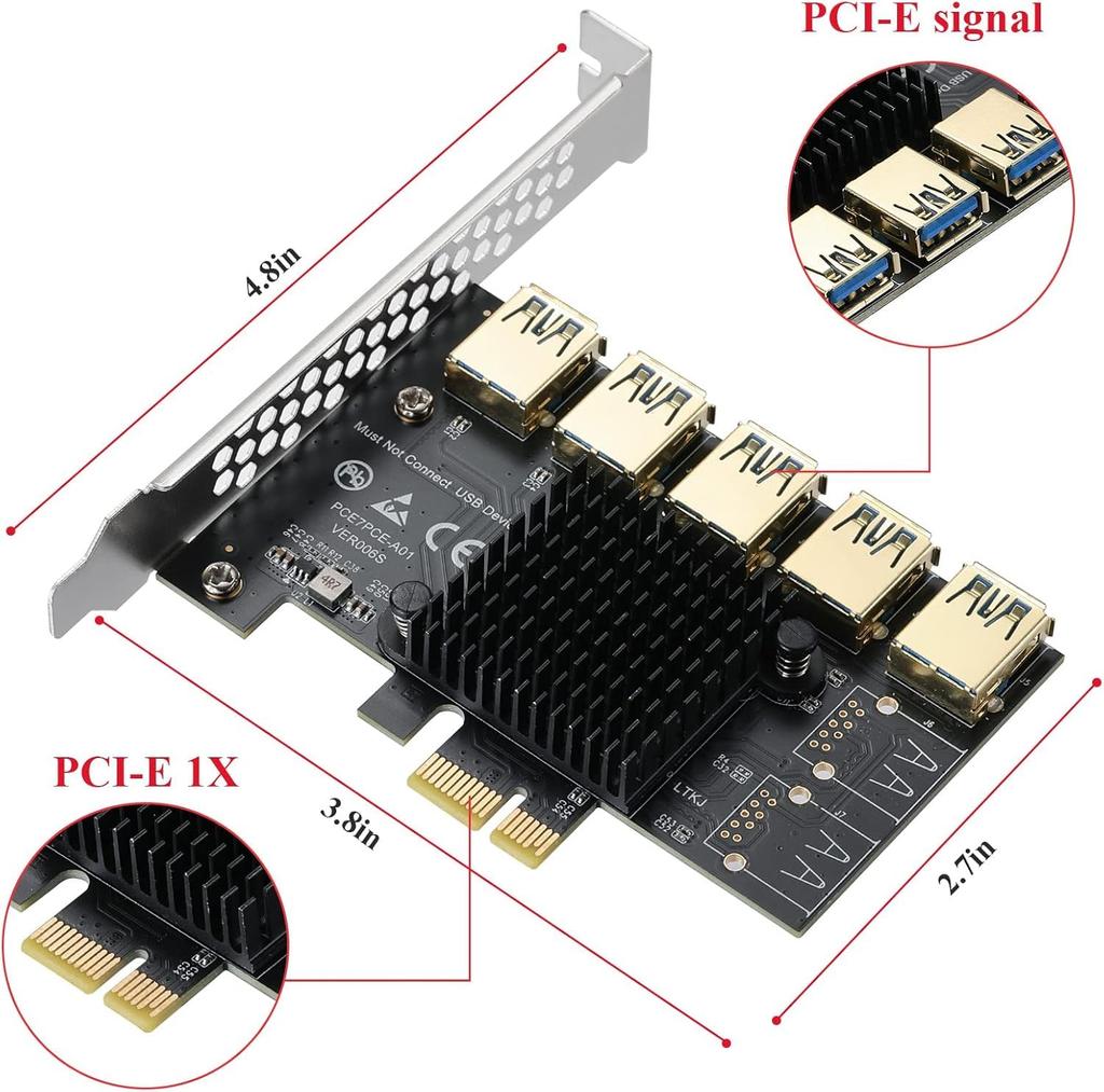 YABOANG Karta zasilająca PCIe Gen3 x1 dla uczenia GPU Zintegrowany port Gen1 Wyposażona w chip ASM1143 5-portowy Mining/Deep USB3.2