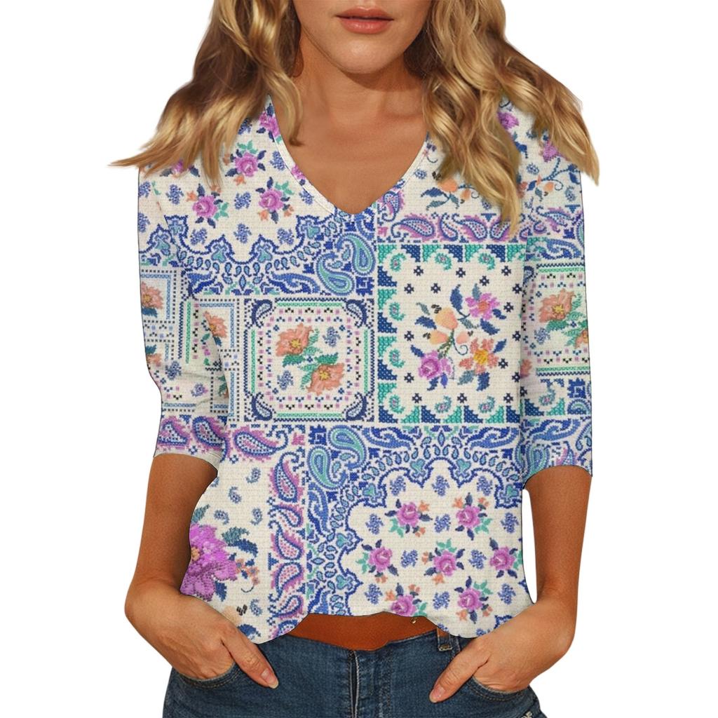 Top Casual de Moda para Mujer Sexy Cómodo Cuello en V Floral Manga Siete