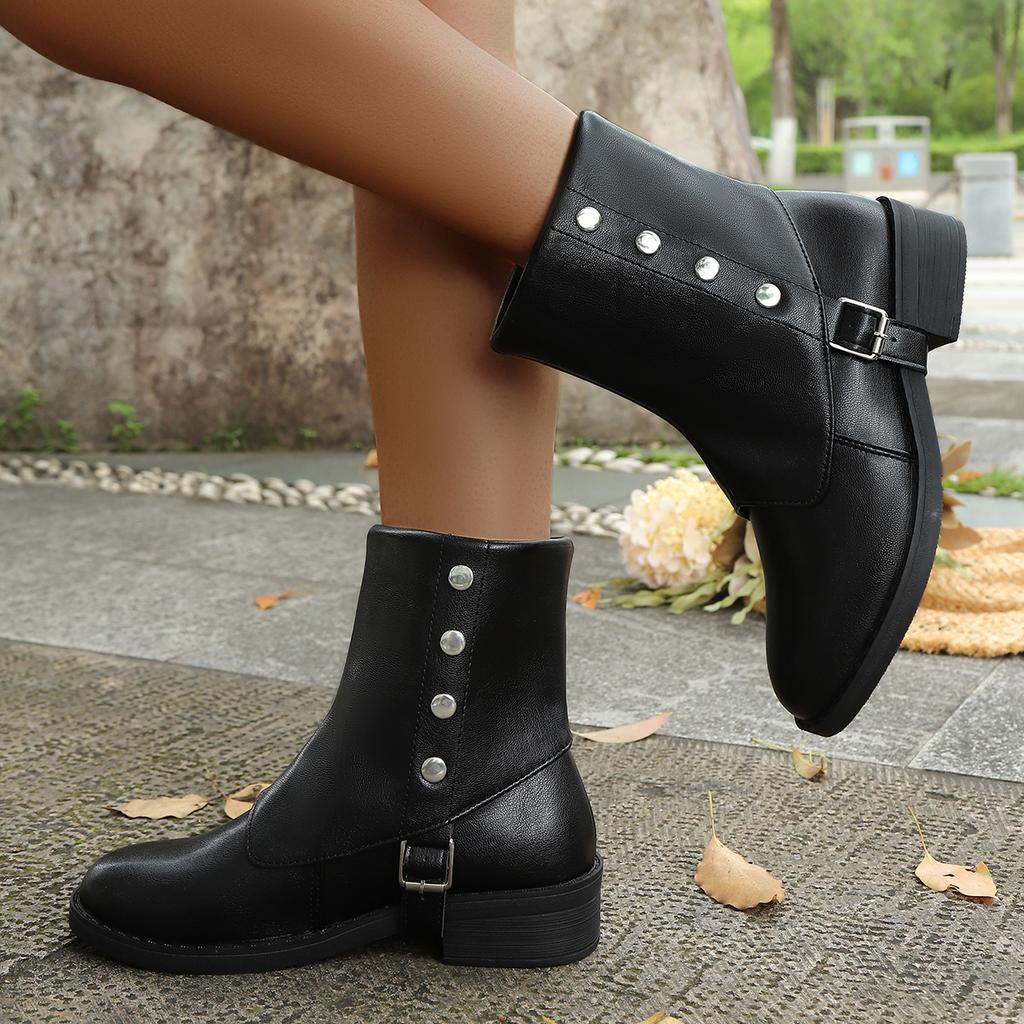 Fashion Large-Sized Women's Fashion Boots with Rivet Patchwork Square Heel Low-Top Autumn/Winter New Style