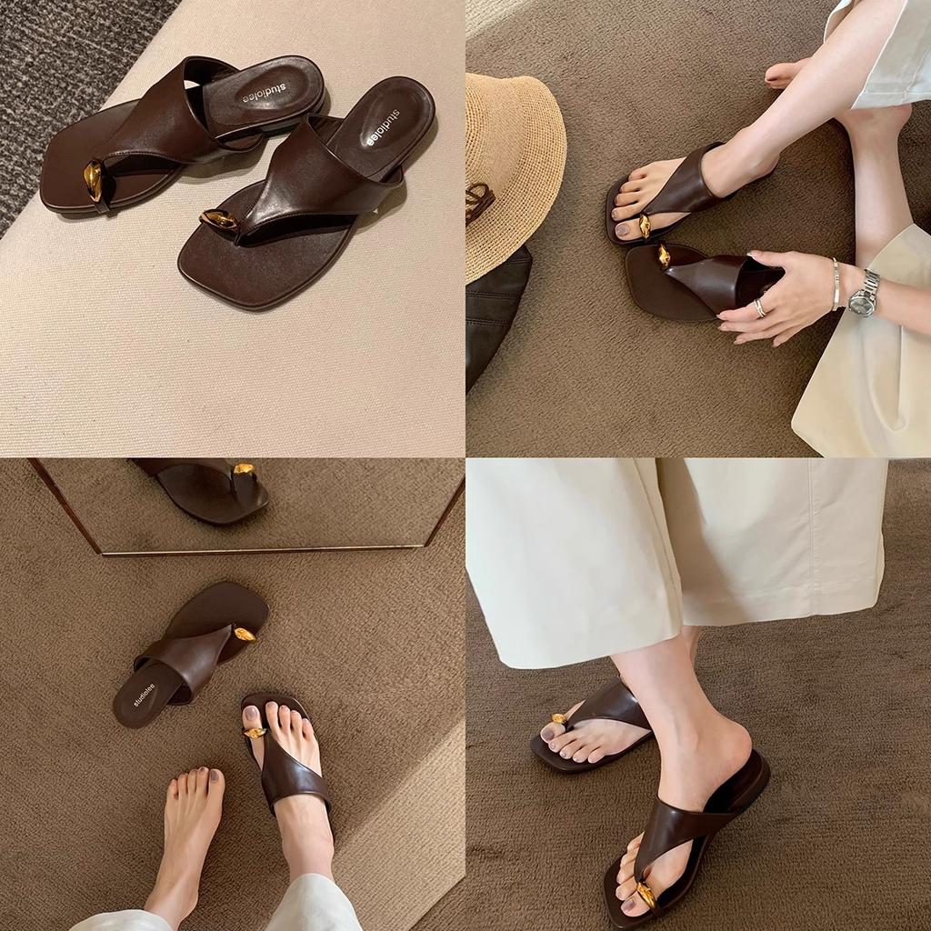 New Set of Toes Square Head Versatile Flat Bottom Outer Wear Herringbone Open Toe Cool Slippers Female Summer