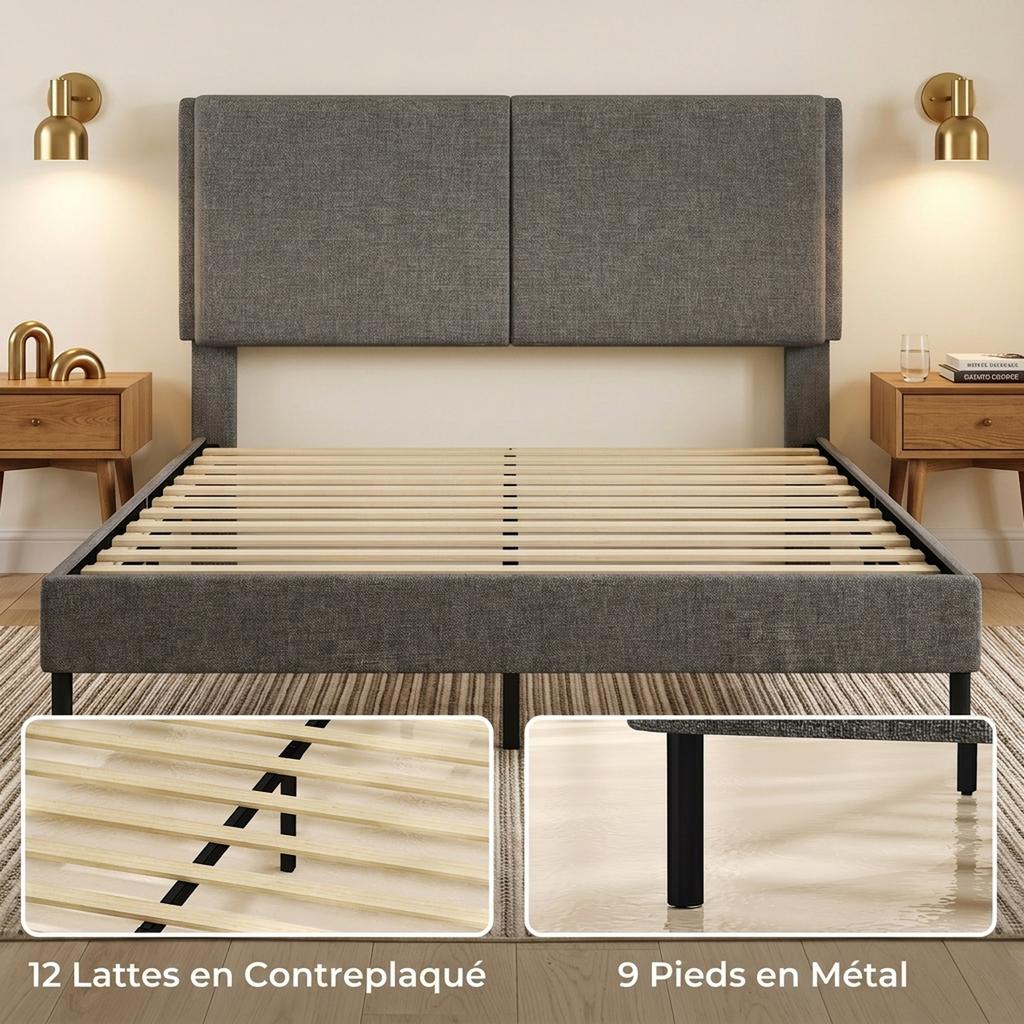 Double Bed Frame, 140 x 190 cm, Slatted Base and Headboard, Linen, Storage Underneath, Grey