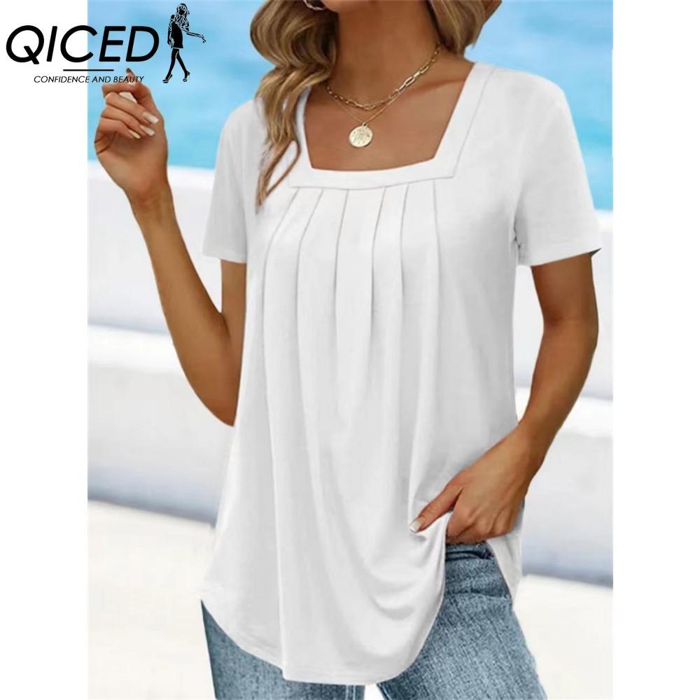 

QICED Женские модные повседневные однотонные блузки и рубашки с принтом и коротким рукавом XXL белый
