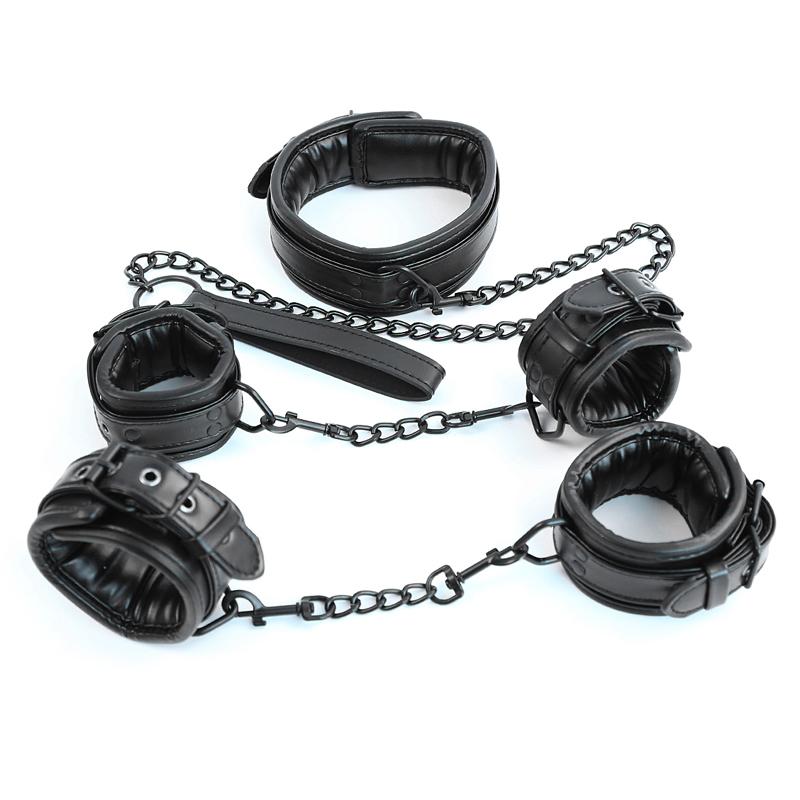 Black Leather Bdsm Bondage Set 3pcs Restraints Collars Ankle Cuff Handcuffs For Sex Bondage Set Sex Toys For Women