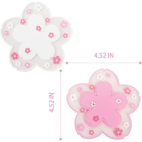 Coasters for Drinks Set of 4 Silicon Cup Coasters Cute Pink Cup Mats Cherry Blossom Coaster, Table Cup Mat for Drinks, Coffee, Tea (4.5in)