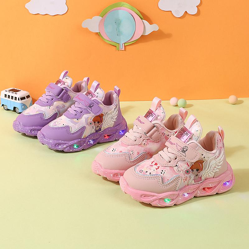 New Kids LED Sneakers Cute Cartoon Princess Girls Shoes Non-Slip Light Up Casual Sneakers For Toddler