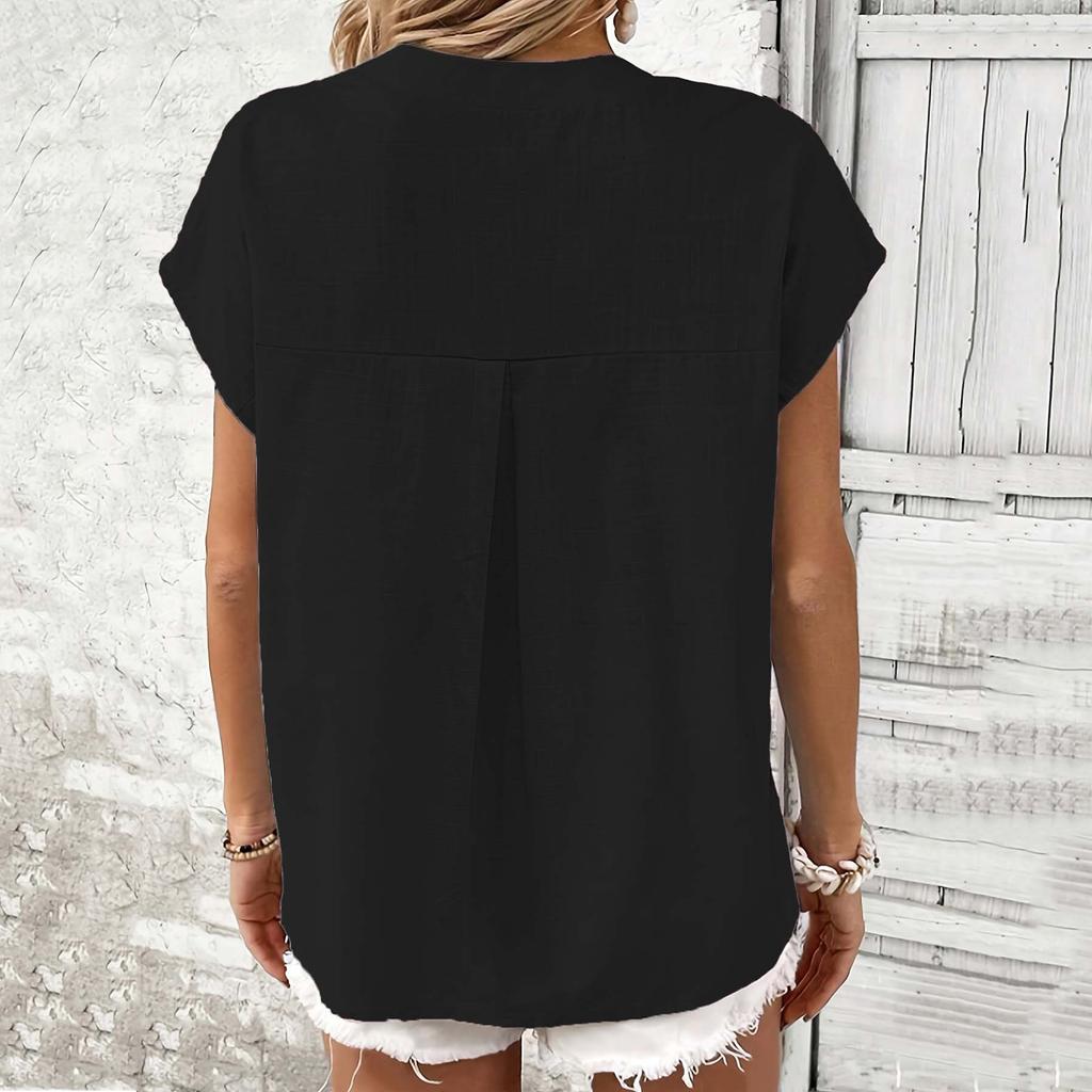 Women's Casual Wide-cut Shirt V-neck Button-up Short-sleeved Shirt Top