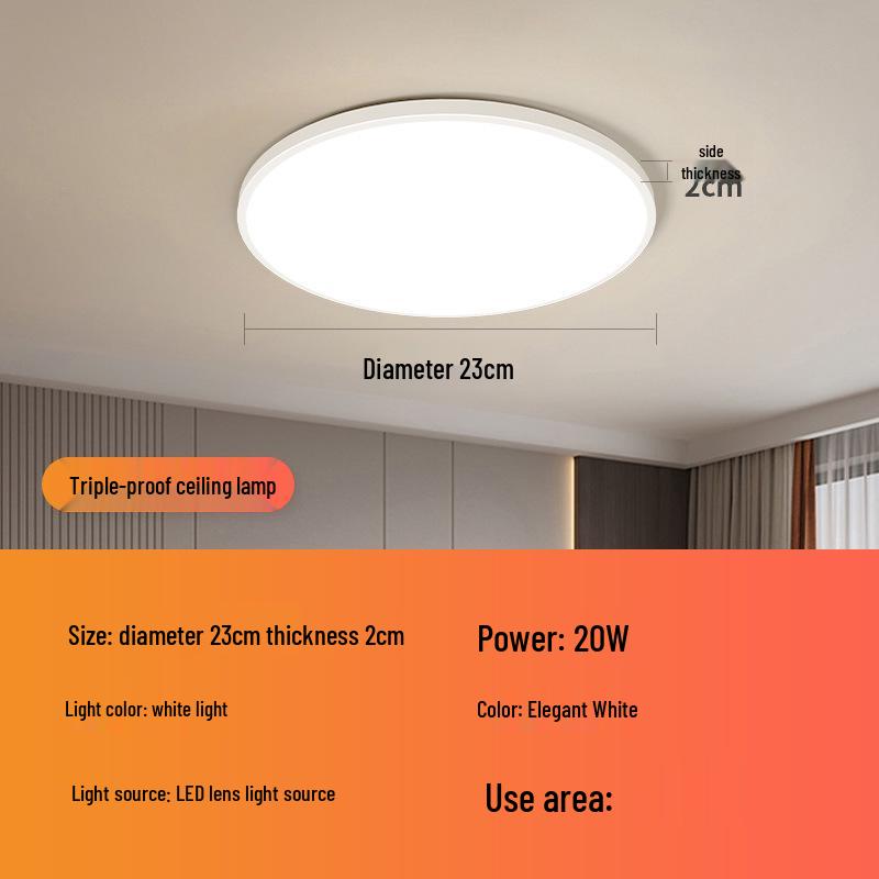LED Ceiling Light: Three-Proof, Modern Minimalist Design for Bedroom, Balcony, Bathroom - Eye-Protective, Round Main Light