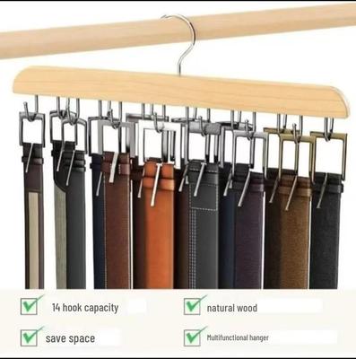 14-Hook Leather Belt Multi-functional Wooden Clothes Hanger