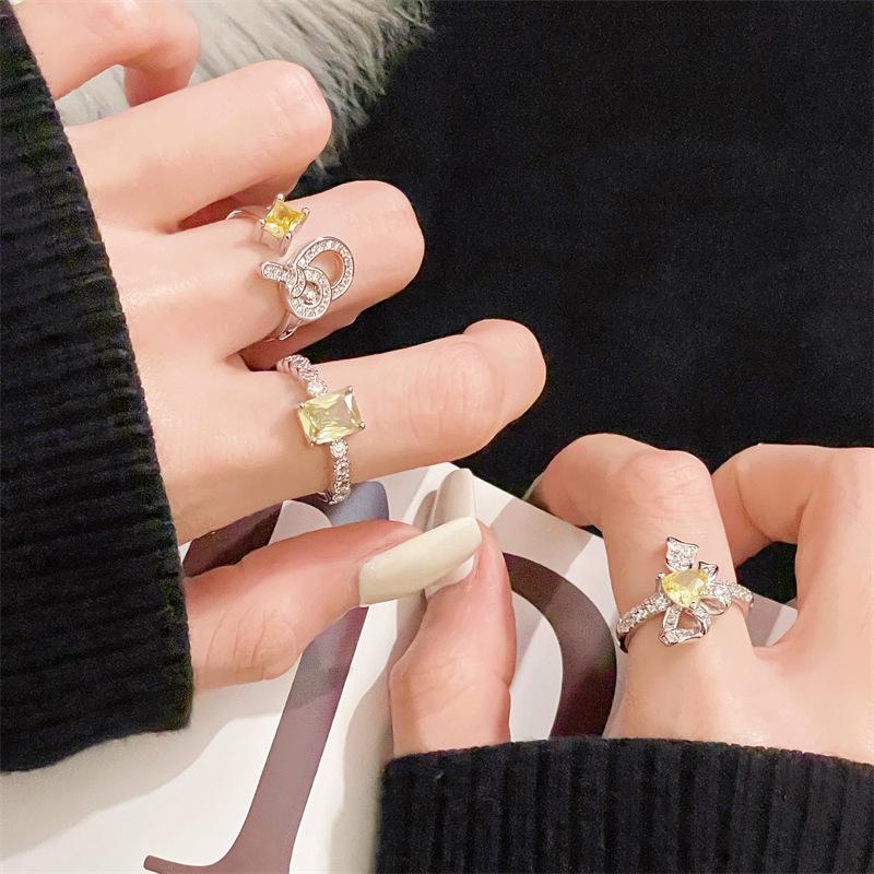 Caibao Open Ring Light Luxury High-End Bow Yellow Diamond Set Niche Design Ring