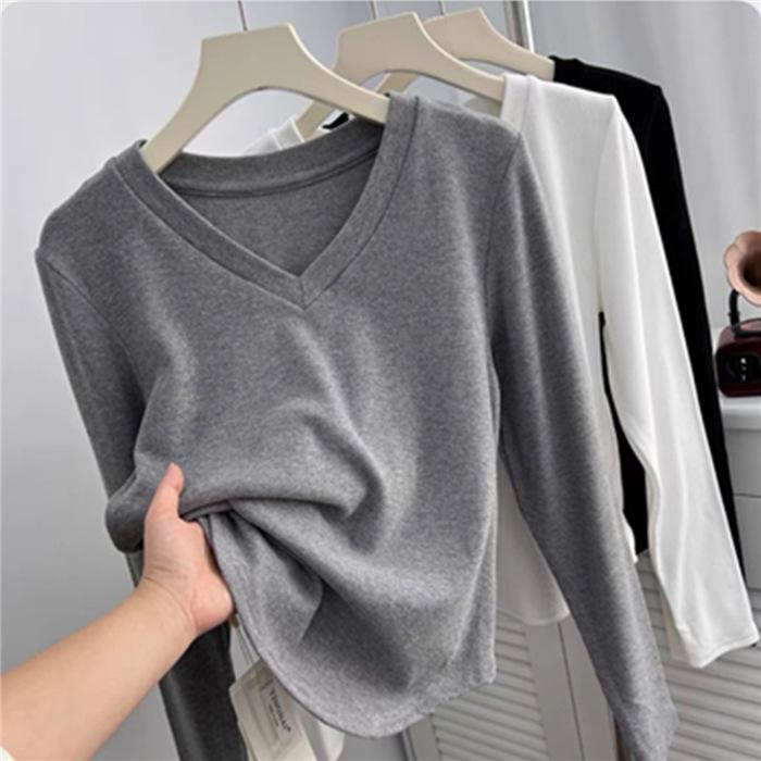 Pulover scurt moale și pufos, cu blană periată de toamnă și iarnă, cu temperament simplu, cu decolteu în V, cu mâneci lungi, cămașă slim și slăbită pentru femei