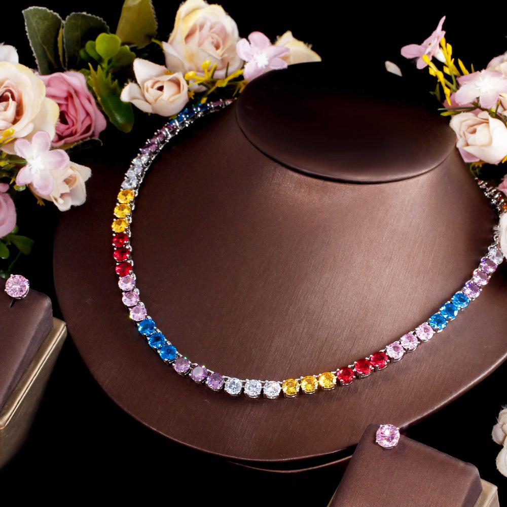 Популярные хип-хоп украшения Цветное циркониевое ожерелье Серьги-гвоздики Набор из двух предметов Радужное ожерелье Набор цветных драгоценных камней Цепочка