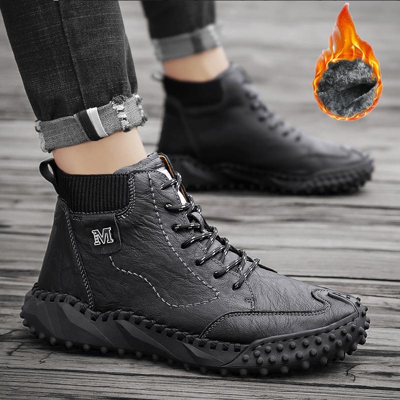 Mens Classic Winter Men's Boots Real Leather Plush Warm Men's Snow Boots Waterproof Outdoor Roman Men Work Boots Men Motorcycle Boots