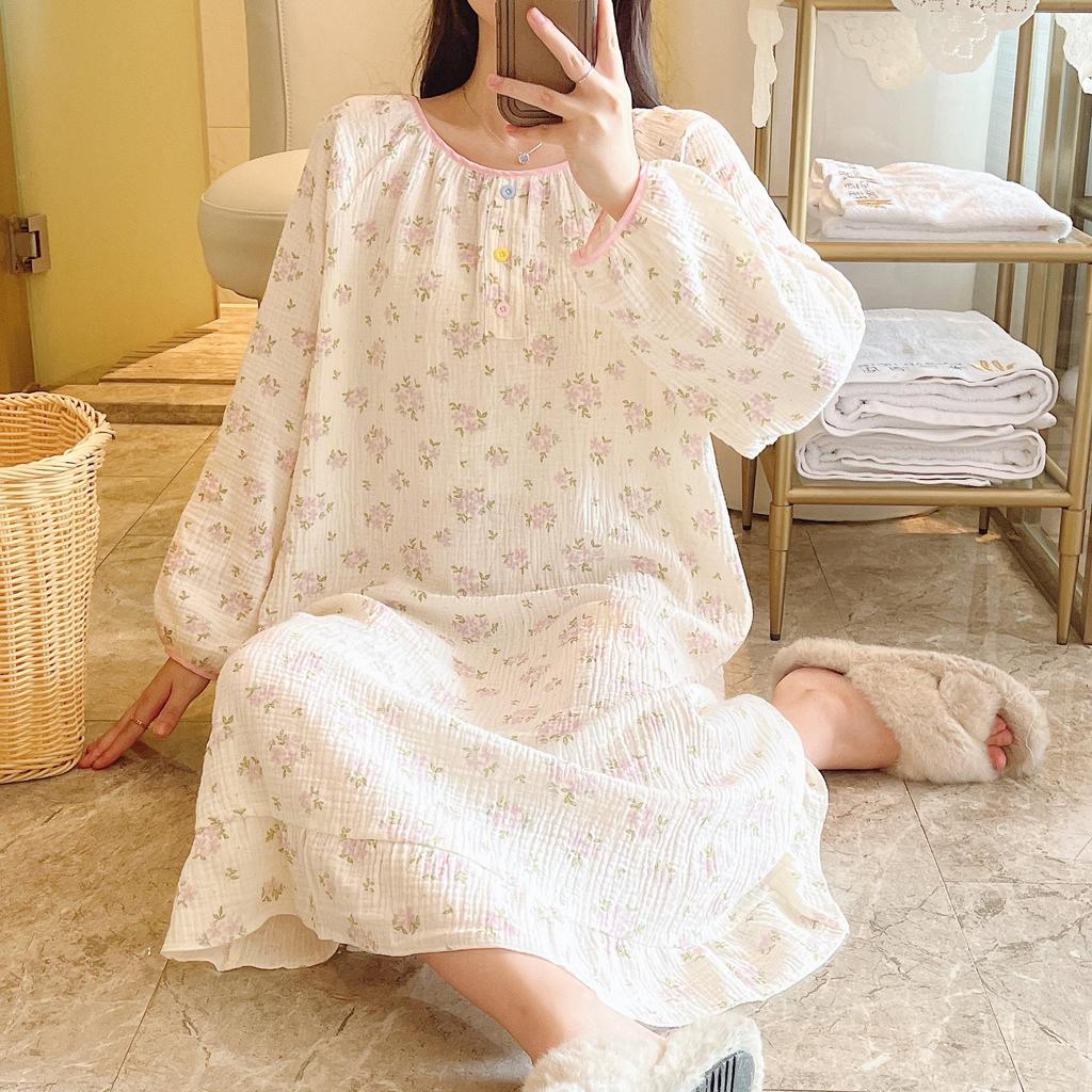 Women's Double-Layer Cotton Gauze Nightgown - Soft, Printed, Long-Sleeve, Mid-Length, Suitable for Spring and Autumn Wear