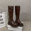 Height-increasing Thick-soled But Knee-high Boots Women's 2025 Autumn New Round-headed Knight Boots Muffin-bottom Belt Buckle High Boots
