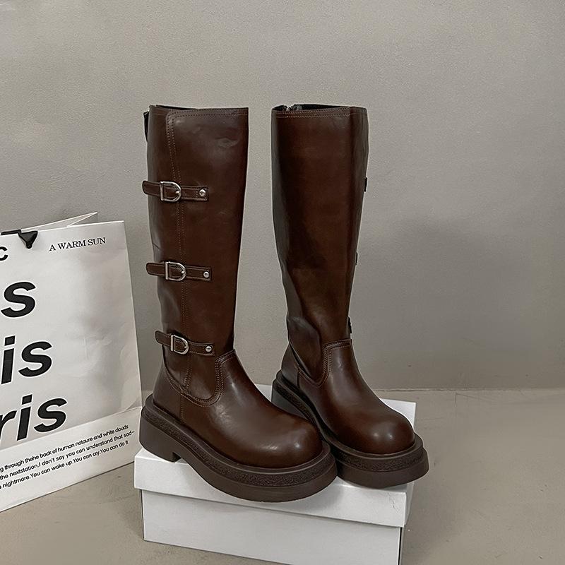 Height-increasing Thick-soled But Knee-high Boots Women's 2025 Autumn New Round-headed Knight Boots Muffin-bottom Belt Buckle High Boots