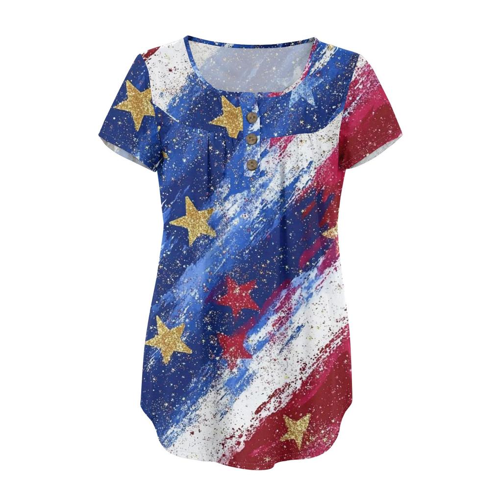 Women Tunic Tops Dressy Casual Summer Short Sleeve Shirts Loose Fit Pleated Boho Top Independence Day