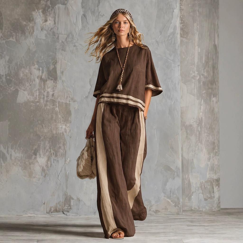 1116 popular European and American style contrasting colors loose wide-leg pants set women's casual fashion two-piece set summer printed top