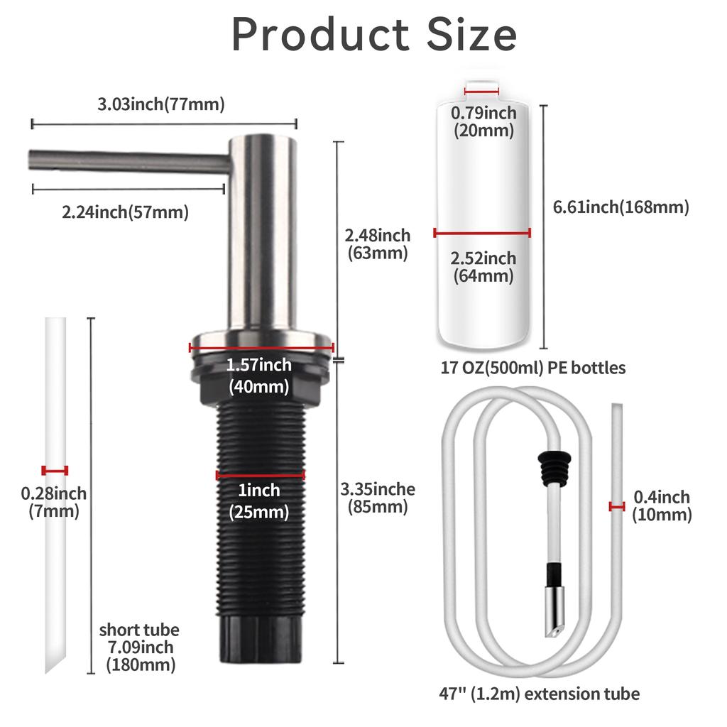 Solider Seifenspender aus 304 Edelstahl für Spülbecken mit 17 oz Flasche und 47 Zoll Verlängerungsschlauch-Set