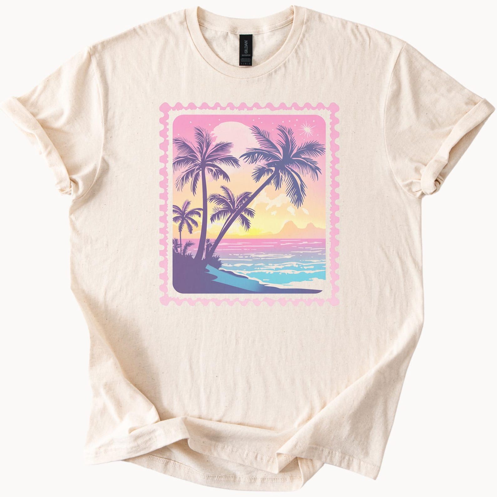 Palm Trees Beach Sunset Graphic T Shirt Summer Ocean Scene Pastel Colors Soft Aesthetic Tropical Coastline Tee for Relaxed Style 140