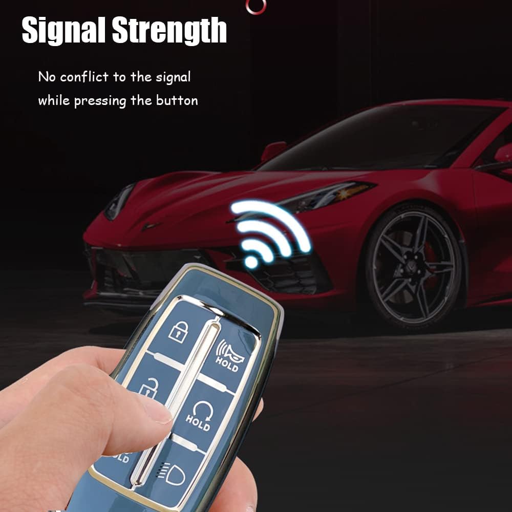 SANRILY Goldrand 6-Tasten Schlüsselanhänger Hülle für Genesis GV70 2021 2022 G90 G70 G80 GV80 Keyless Vollschutz Schlüsselanhänger Hülle mit Leder Schlüsselanhänger