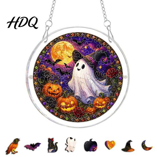Colorful Light Catcher Acrylic Jigsaw Puzzle Suncatcher, Stained Glass Style Halloween Skeleton Ghost Suncatcher Sun for Gothic Window Wall