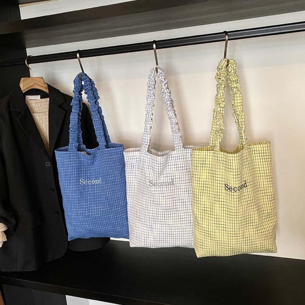 

Large Capacity Checkered Canvas Handbag Pleated Strap Tote Cloth Bag Plaid Shoulder Bag Shopping білий