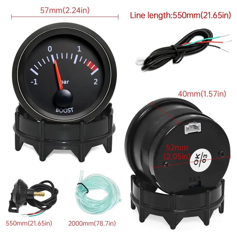 52mm Car Gauge White Backlight Pointer Boost Meter -1~2Bar Turbo Boost Gauge with T Tube PVC Hose for 12V Gasoline Vehicle