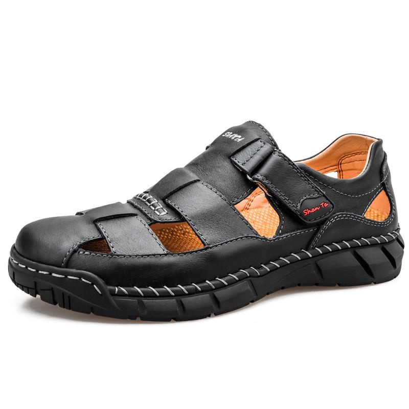 Men s Fashion Cowhide Sandals: Breathable Outdoor Beach Shoes  Large Size Casual Flip-Flops 39 чёрный