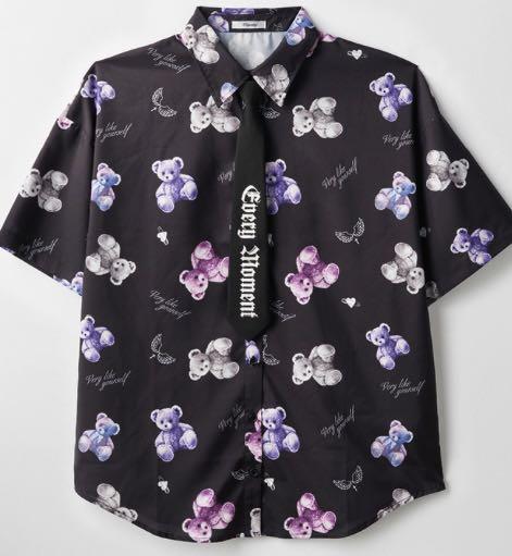 

[USED] Bear-shaped blouse shirt, short sleeves, tie, all-over print, gothic lolita, punk, size L, sickly, dreamy, cute, mass-produced, landmine