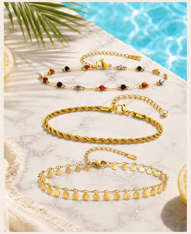 3 Layers Gold Plated Anklet Set for Women Nature Stone Bead Bohe Disc Charm Stainless Steel Beach Foot Jewelry