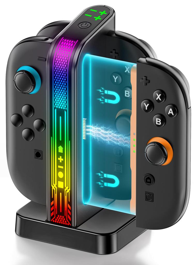 Compatible with Nintendo Switch 2 Charging Charges up to 4 Features Magnetic RGB Overcharge Includes Controller Charger 2 Joy-Con Stand, Joy-Cons