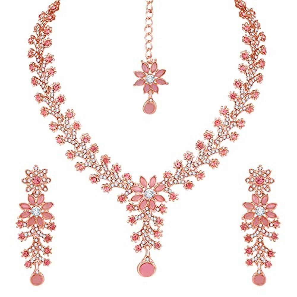 Atasi International Diamond Necklace Jewellery Set for Women with Earrings and Maang Tikka for Wedding, Party,