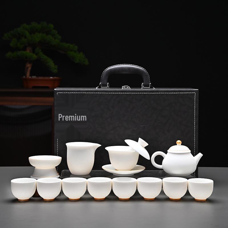 Kung Fu Mutton Fat Jade Gaiwan Teapot Set - Gold-Painted Luxury Tea Set