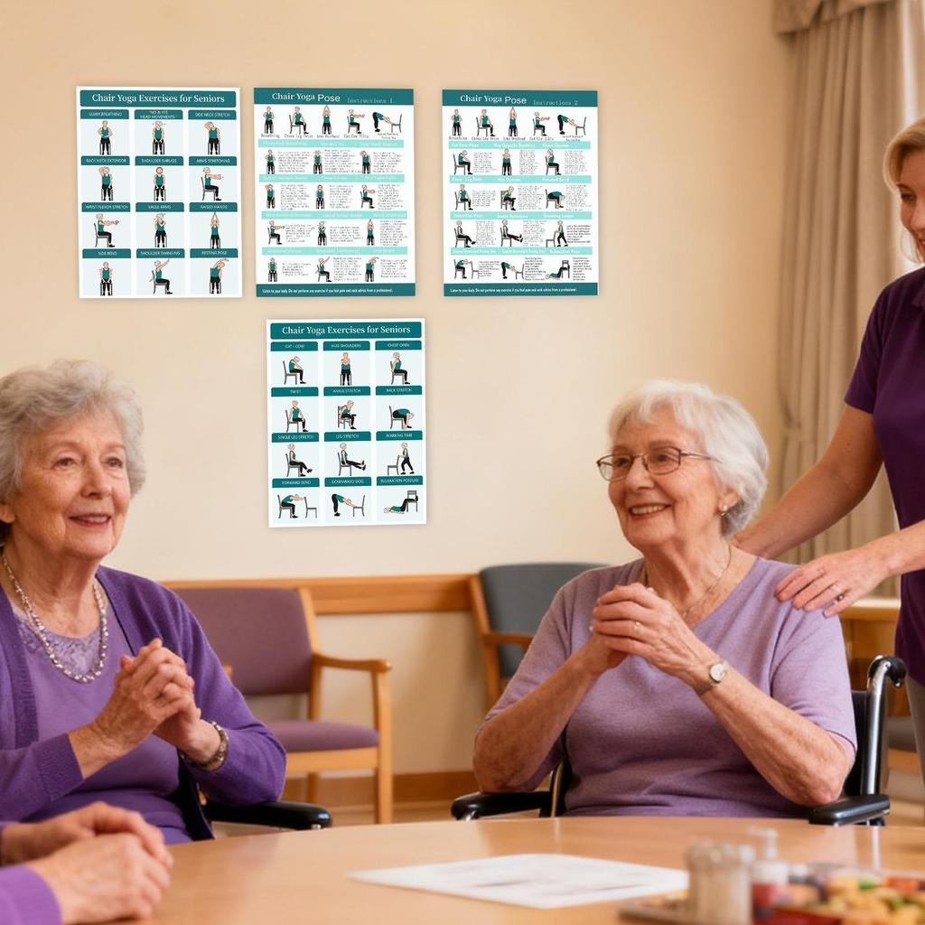 Stuhl Yoga Chart Illustrierte Trainingszubehör 4 Stück Yoga Sitzendes Workout Poster für Senioren Anfänger Fitness Flexibilität