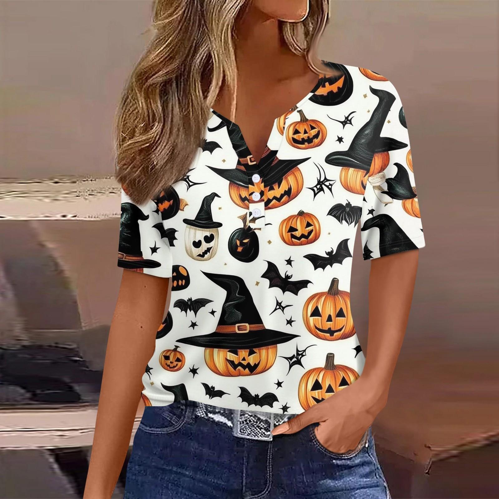 

Women s T Shirt Tee Halloween Printed Button Short Sleeve Tunic Daily Weekend Fashion Basic V- Neck Regular Top S білий