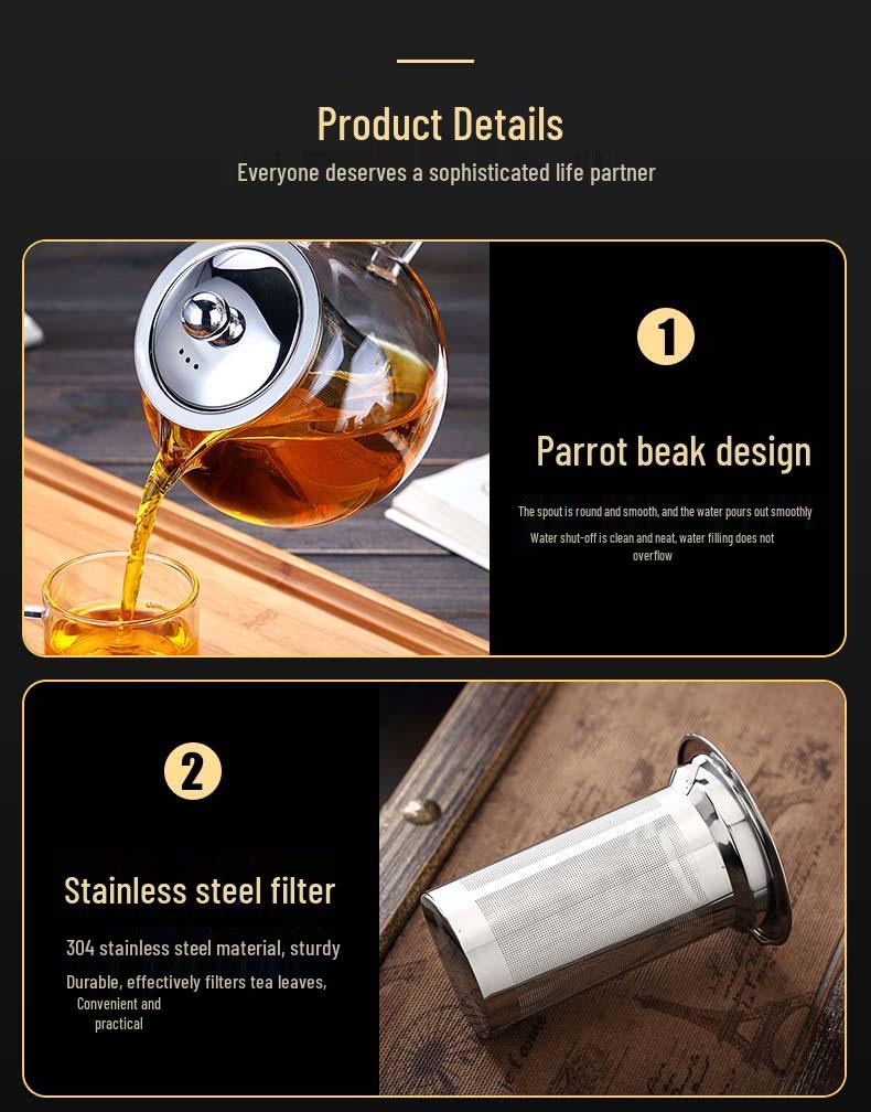 Large-Capacity Heat-Resistant Glass Teapot with Stainless Steel Filter