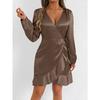 Women Satin Royal Blue Wrap V Neck Ruffle Hem Long Sleeve Mini Dress