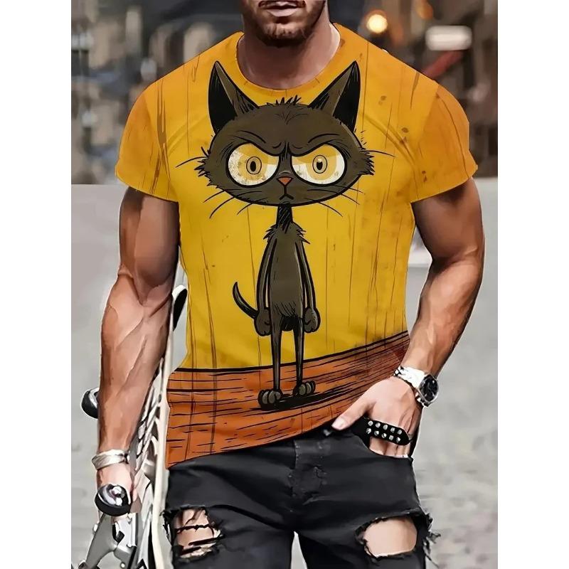Fun Cat Pattern T-shirt, Men's Personalized Animal 3D Printed T-shirts, Round Neck Top