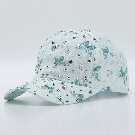 Baseball Hat Adjustable Back Buckle Butterfly Design Curved Brim Sun Protection Lace Hat with Rhinestones Inlaid Women Headwear