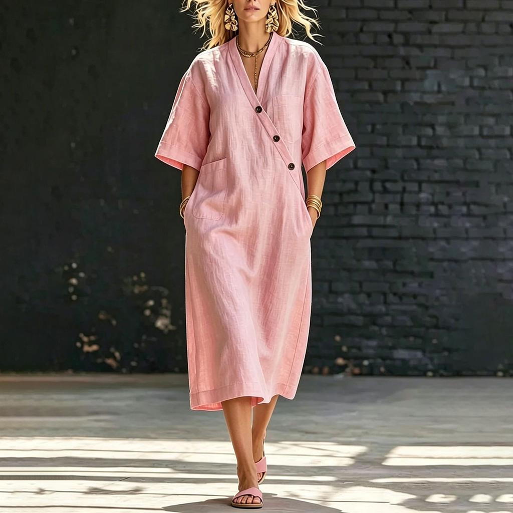 Women’s Loose Fit Linen Midi Dress V Neck Short Sleeve Button Front Casual Oversized Dress with Pockets for Everyday Wear