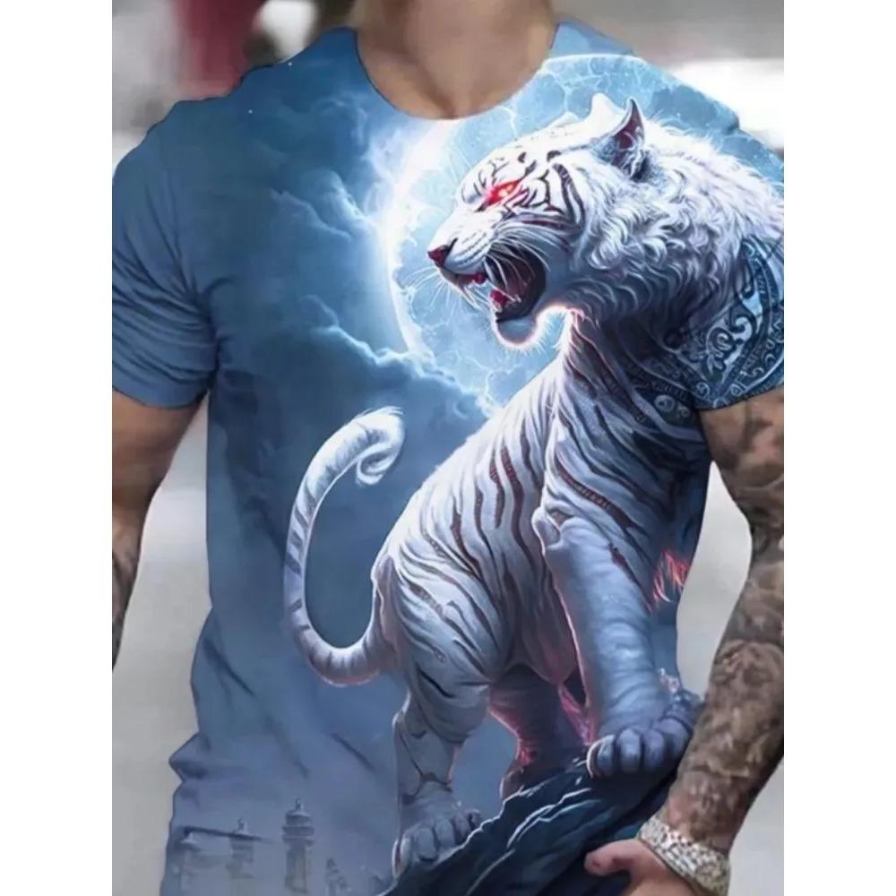 Men's Casual Plus Size Comfortable Round Neck Short Sleeved T-shirt Fashionable Personalized Animals T-shirt
