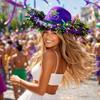Hat with Purple Gold Green Feathers and Ribbon Trim for Celebrations