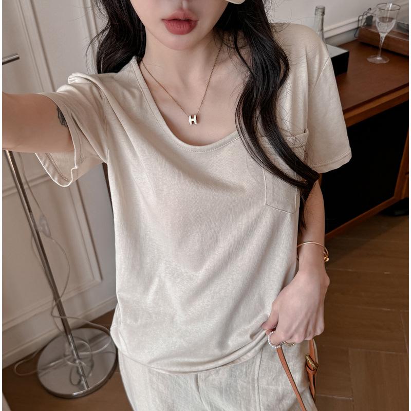 

Black Crew Neck Snowflake Pocket Front Shoulder Loose Short Sleeve Women s Summer Casual Lazy Wind Slim Skinny Bottom Top Xl (suitable for weight 67.5-75kg ) абрикосовий